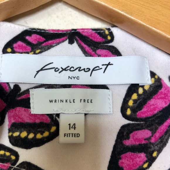 Foxcroft NYC Butterfly Print 3/4 Sleeve Button Down Fitted Top Size 14 - Picture 3 of 14